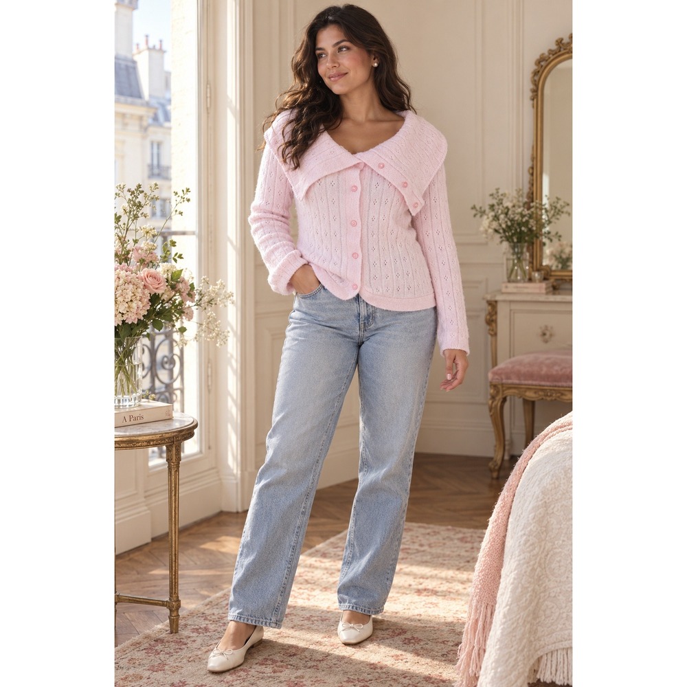 Love Knits NYC Pink Pointelle Cardigan Portrait Collar XL Coquette Y2K Ballet